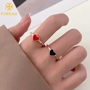 Minimalist Couple Fashion Jewelry Alloy Rose Gold Plated Black Red Enamel Heart Rings For Women