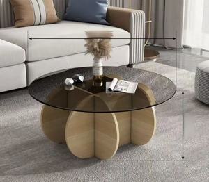 NKAHS Durable Modern Light Luxury Round Glass Coffee <b>Table</b> with Wood Frame Creative French Vintage Design Living Room Furniture - Product Image 1
