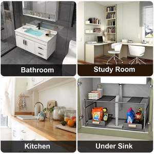 Có thể mở rộng thép không gỉ đôi <span class=keywords><strong>Tier</strong></span> lưu trữ giá dưới bồn rửa tổ chức cho nhà bếp phòng tắm tủ quần áo/tủ quần áo lưu trữ - Product Image 6