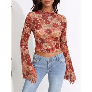 Women's Floral Print Sheer Mesh Crop <b>Top</b> Long Bell Sleeve Y2K Boho Shirt Everyday Wear - Product Image 3