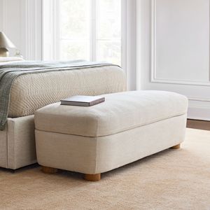 Puf Tapizado en Tela Beige - Banco Moderno <span class=keywords><strong>para</strong></span> el Pie <span class=keywords><strong>de</strong></span> <span class=keywords><strong>la</strong></span> <span class=keywords><strong>Cama</strong></span> con Patas <span class=keywords><strong>de</strong></span> Madera |   Taburete <span class=keywords><strong>de</strong></span> Almacenamiento <span class=keywords><strong>para</strong></span> Sala <span class=keywords><strong>de</strong></span> Estar <span class=keywords><strong>de</strong></span> Hotel - Product Image 1