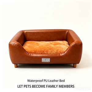 Adjustable Elasticity Orthopedic Dog <b>Bed</b> Solid Wood <b>Frame</b> Waterproof Leather Wood Leg <b>Raised</b> Pet <b>Bed</b> With Removable Cover - Product Image 1