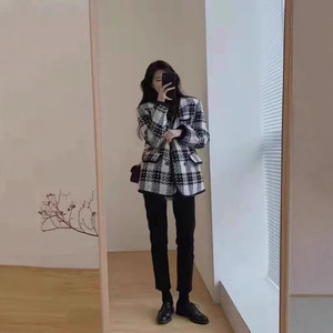 Women's Tweed Coat Black And White Checkered Medium Thickness Woven Fabric Autumn Winter Casual Loose Fit - Product Image 4