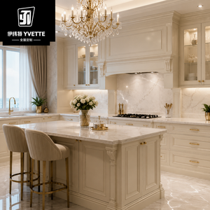 Mobili da <span class=keywords><strong>Cucina</strong></span> Neoclassici Europei di Lusso in Legno Intagliato su Misura con Isola in Marmo e Ante in Vetro per Progetti di Interni di Ville e Residenze di Lusso - Product Image 4