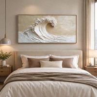 Grande peinture murale abstraite à texture épaisse, peinte à la main, motif vague océanique neutre, sur toile horizontale, pour décoration murale côtière moderne
