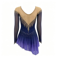 Robe de patinage artistique dégradé violet marine, manches longues en maille, col illusion, strass, jupe asymétrique pour adultes et enfants
