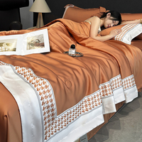 Parure de lit 4 pièces en soie glacée lavée couleur unie, ensemble de literie matelassé confortable imprimé pour l'été, taille King