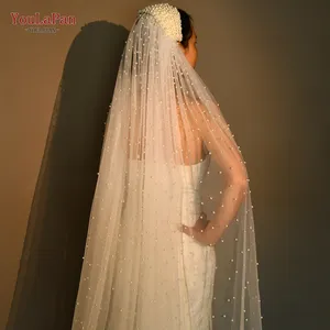 优拉潘V211新款白色时尚新娘蕾丝花大教堂长度面纱女孩浪漫珍珠婚纱