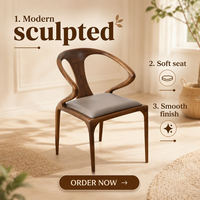 Fauteuil MULIGNA de luxe au design original, couleur noyer, avec accoudoirs en forme d'épée, assise en tissu et cuir PU, chaise de salle à manger en bois massif