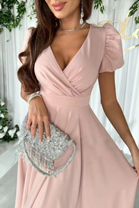 Vestido Midi <span class=keywords><strong>de</strong></span> Moda al por Mayor para Mujer, Cuello en V, Manga Abullonada, Cintura <span class=keywords><strong>Alta</strong></span>, Corte A, Elegante Vestido <span class=keywords><strong>de</strong></span> Noche Formal, <span class=keywords><strong>Vestidos</strong></span> <span class=keywords><strong>de</strong></span> Mujer - Product Image 4
