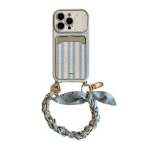 Étui de téléphone de luxe à rayures bleues et motif floral, avec porte-cartes, cordon et anti-traces de doigts pour iPhone 16/15/14 Pro Max – Mignon pour femmes