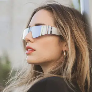 Y2K Rimless Futuristic Wrap Around Sunglasses 2024 Designer Trendy Cyberpunk Visor Rectangle Sun Glasses 2024 Mirrored Shades