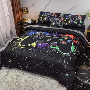 6 Piece Gamer Comforter Set chàng trai trẻ em thiếu niên kích thước đầy đủ màu đen 3D Video Trò chơi điều khiển bộ đồ giường đặt - Product Image 1