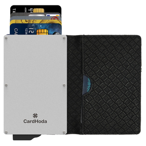 CardHoda Aluminum Card Holder Black Quilted RFID Blocking Fold Closure Minimalist <b>Wallet</b> Short Geometric Pattern Unisex - Product Image 1