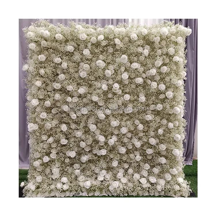 Wedding Party 3d Flower Wall Roll Up Curtain Artificial White Rose Baby Breath Flower Wall Backdrop 8ft x 8ft