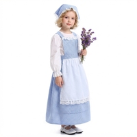 Costume de cosplay d'Halloween pour fillettes, robe coloniale de pionnière, bleu à carreaux, tablier blanc, bonnet, robe de fête fantaisie