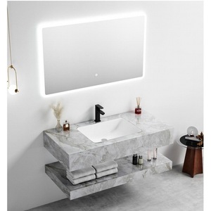 Meuble-lavabo mural double couche CR Grey Stone avec lavabo intégré et miroir intelligent LED - Product Image 1