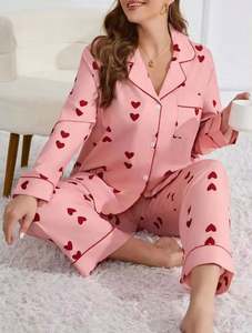 Ensemble de pyjama pour femmes en taille grande, cardigan en tissu gaufré à manches longues, pantalon, ensemble Sweet Home en forme de cœur, 2 pièces, pyjama grande taille pour femmes - Product Image 5