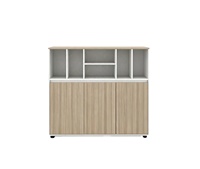 Armoire de bureau ISO E0 en panneaux de particules Schattdecor avec revêtement en mélamine, bordure en PVC, étagère ouverte, trois portes, chêne blanc