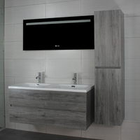 Meuble-lavabo mural en PVC, double vasque en céramique, deux tiroirs à fermeture douce, armoire latérale haute et miroir LED anti-buée pour maison, appartement et villa