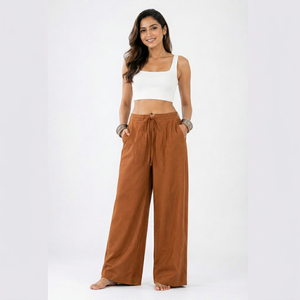 Pantalones Anchos de Lino/Algodón para Mujer, Ropa Maria |   Pantalones Palazzo Bohemios Cómodos con Cordón Ajustable, Estilo Casual - Product Image 1