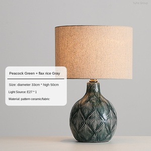 New peacock green feather patterned ceramic desk lamp, bedroom bedside lamp - Product Image 5