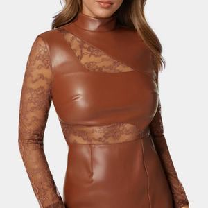 เดรสแฟชั่นฤดูใบไม้ร่วงปี 2025 ดีไซน์เซ็กซี่ หนัง PU ทรงเอ สมมาตร แต่งระบายเลียนแบบผ้ารุ้ง ทรงเข้ารูป สไตล์ลำลองสำหรับผู้หญิง - Product Image 3