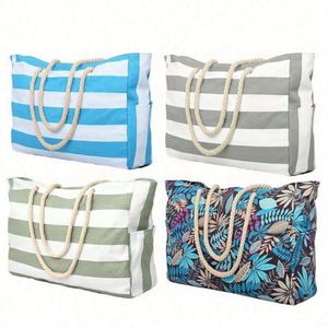 Customized Logo Reusable Portable Summer <b>Large</b> Capacity Waterproof Cotton Canvas <b>Beach</b> Tote <b>Bag</b> With Zipper - Product Image 1