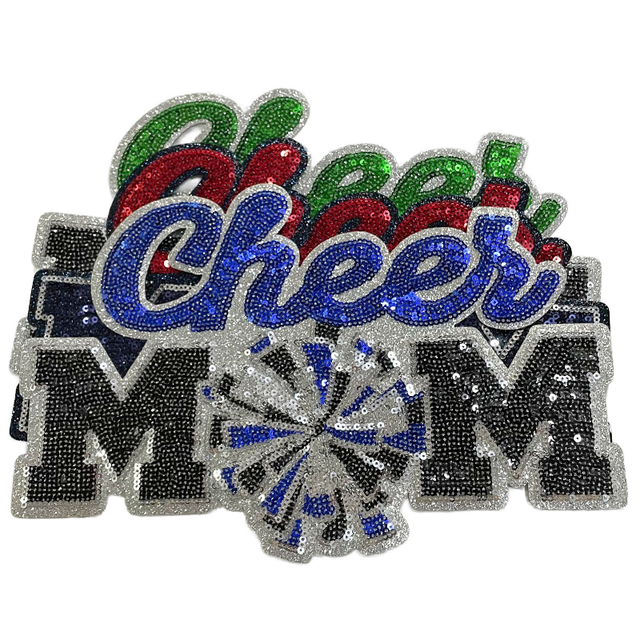 Custom High Quality Summer Sequin Denim Bow Patches Green Red Iron-On Fabric Women's Clothing Bags Hats PVC 'Cheer MOM' 'MAMA'