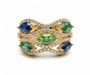 Bague de créateur en or multi-pierres précieuses et diamants, style saphir bleu et émeraude, bijou de mariage de luxe, bague statement - Product Image 2