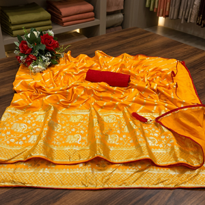 Indian Best Selling Classic Traditional <b>Saree</b> Dhola Silk Foil Print Elephant Design Exclusive Fancy Sari for Weddings Parties - Product Image 2