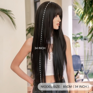 Nouvelle perruque longue et droite noire pour femmes, perruque synthétique résistante à la chaleur avec <span class=keywords><strong>frange</strong></span>, idéale pour le quotidien et le cosplay, effet cheveux naturels. - Product Image 2
