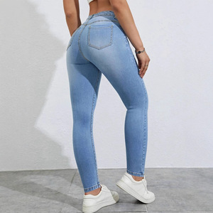 Women's Skinny <b>Jeans</b> Light Blue High <b>Elasticity</b> Crouching Waist Street Fashionista Europe America Africa - Product Image 4