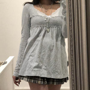 Camiseta de Punto de Manga Larga con Cuello Cuadrado y Encaje para Mujer, Estilo Dulce, Informal, en Capas, Top de Moda - Product Image 2