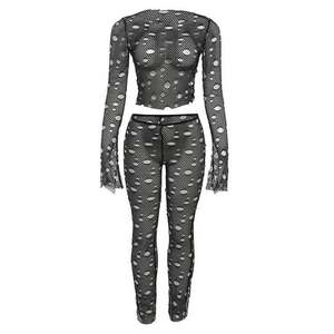 Hollow Sexy Women Two Piece Set Layering Hole O-Neck Hipster Crop Tops + Leggings Coquette Matching Midnight Clubwear - Product Image 3