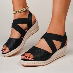 Sandalias de cuña con punta abierta, purpurina, banda elástica, suela de paja, plataforma, zapatos de verano para mujer - Product Image 2