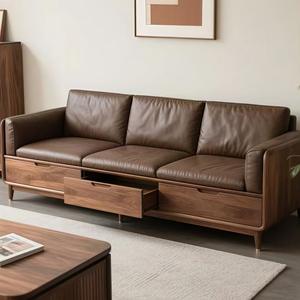 Ensemble de canapés en bois <span class=keywords><strong>massif</strong></span> de style chinois moderne minimaliste, bois de noyer noir, canapé en cuir en ligne droite pour salon - Product Image 1