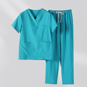 Ensembles d'uniformes médicaux S-4XL : Haut élégant à col en V et manches courtes, pantalon droit, extensible dans les 4 sens, bon tombé, tenue de travail pour hôpitaux et infirmières - Product Image 5