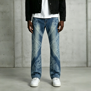 Jean évasé vintage tie-dye patchwork pour homme, en denim délavé à empiècements diagonaux, coupe large, style hip-hop streetwear, color block - Product Image 1
