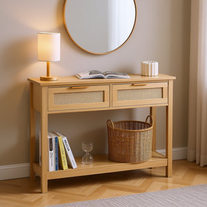 Natural Rattan Console <b>Table</b> With 2 Sliding Drawers Wood Color Shelf Entryway Storage Living Room Furniture Scandinavian Design - Product Image 2