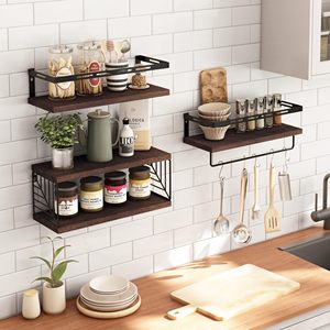 Set di Mensole Galleggianti da Parete in Stile Rustico per <span class=keywords><strong>Bagno</strong></span> e Cucina, Scaffali in <span class=keywords><strong>Legno</strong></span> <span class=keywords><strong>con</strong></span> Struttura in Metallo - Product Image 1