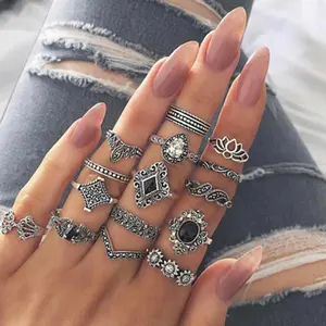 anéis de dedo 15pcs Suppliers-Conjunto de anel feminino, anel de dedo de cristal, joia feminina boêmia 15 pçs/set