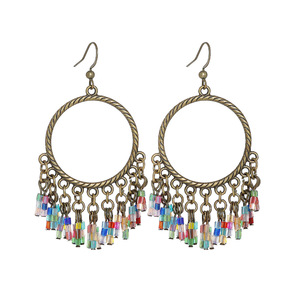 Bohemian Tassel Hoop Earrings Alloy Antique Bronze Plated <b>Colorful</b> <b>Beads</b> Women's Party Fashion Dangle Jewelry - Product Image 5