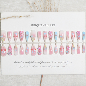 Uñas Postizas Largas Estilo Ataúd, Color <span class=keywords><strong>Rosa</strong></span>, con Diseño 3D de Lazo, Corazón y Estrella Dorada, Hechas a Mano, para Bodas, Uso Diario, Fiestas y Eventos - Product Image 4