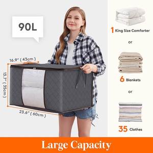 Sac de rangement multifonctionnel pour placard, 90L, lot de 2, poignée renforcée, grande capacité, pliable, non tissé, gris/noir - Product Image 2