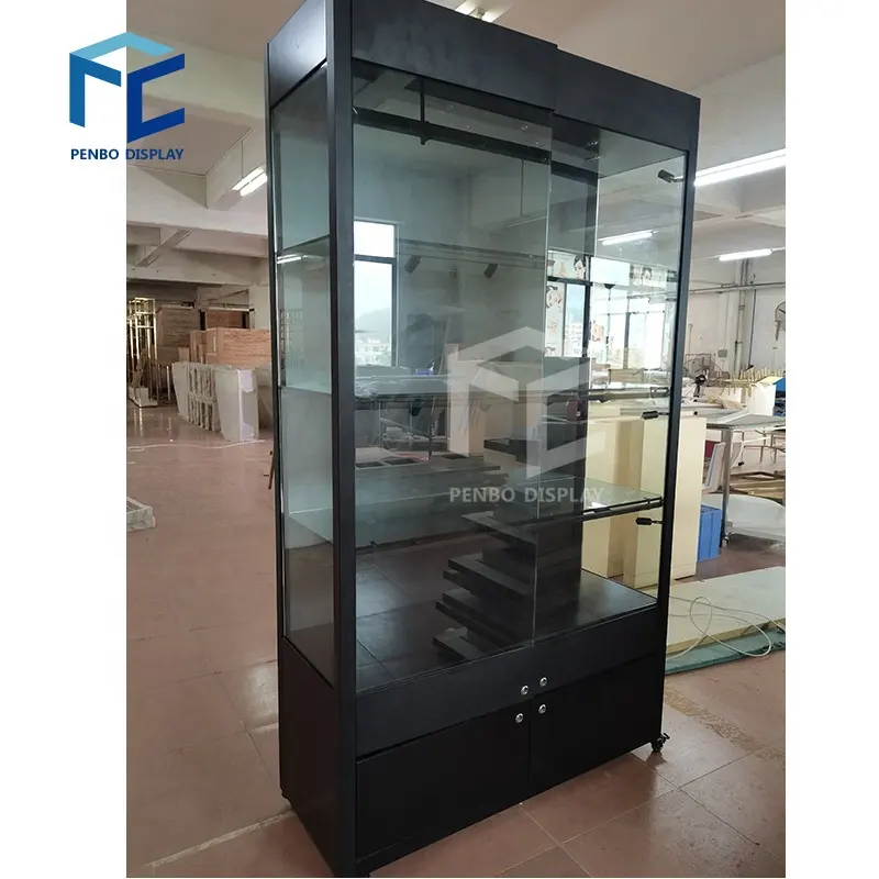 Retail Shop Chain Store Small Black Gloss Glass Counters Display Case with Sliding Doors for Jewelry Smoke Cell Phone Store