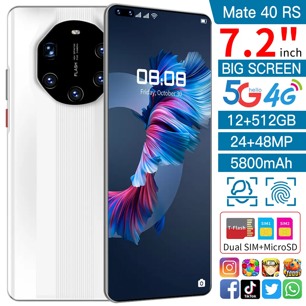 2022 novo smartphone mate40rs, telefone celular, android, jogos de alta qualidade, original, versão global, 7.2 polegadas