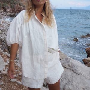 Ensemble décontracté en lin pour femme, style nouveau, chemise unie et short avec boutons décoratifs en toile de coton – Vente chaude OEM - Product Image 2