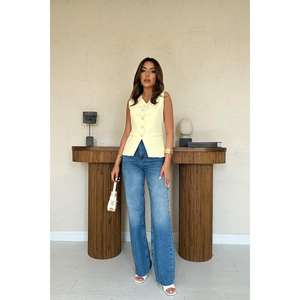 Wholesale <b>Women's</b> Yellow Waist-Fit Buttoned Vest Embroidered Canvas Fabric <b>Knitted</b> Woven Outer Animal Cotton for Suits <b>Waistcoat</b> - Product Image 4