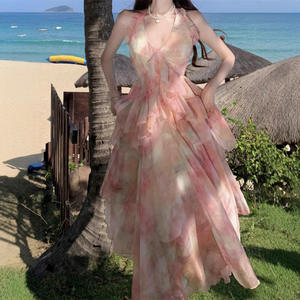 Vestido Maxi con Estampado de Pintura al Óleo, Cuello Halter, Espalda Descubierta, Cintura Imperio, Silueta en A, Transpirable, Poliéster/Algodón, Vestido de Verano - Product Image 1